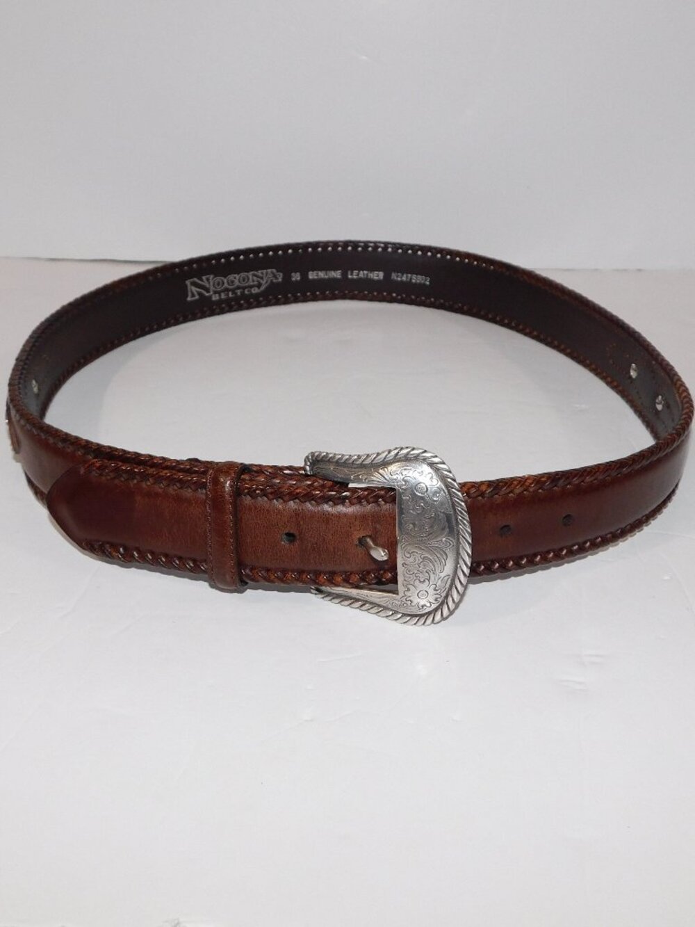 Mens 36 Nocona Western Brown leather Belt Top Hand Laced Rich Earth w Buckle